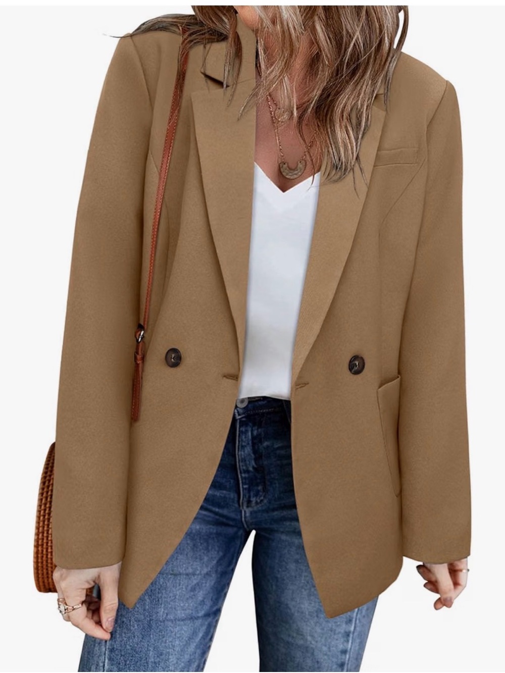 Double-Breasted Tan Brown Blazer Jacket - Women's